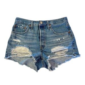 Levi’s 501 Womens Original Distressed Button Fly Denim Shorts High Rise waist 30